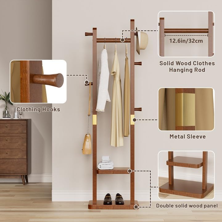 Solid Wood Coat Rack Clothes Rack, Coat Rack Freestanding with 2 Shelves and 5 Hooks, Heavy Duty Coat Tree for Entryway, Living room, Coat Hanger Stand for Hats, Bags Clothes(Walnut Brown)