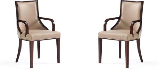 Manhattan Comfort Grand Faux Leather Dining Chairs with Arms, Padded Wingback Seat, Fine Rectangular Stitching and Solid Wood Frame, Set of 2, Tan