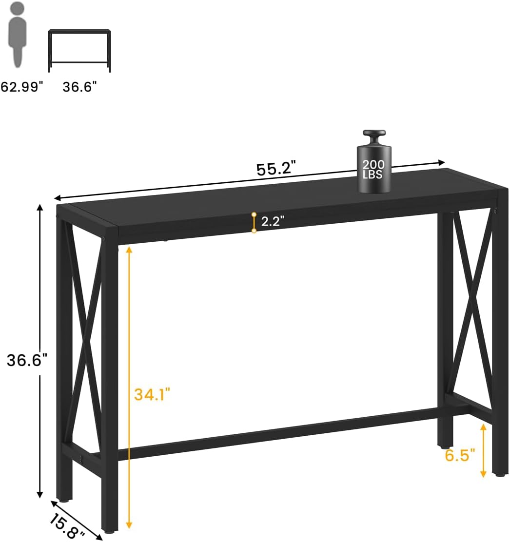 BON AUGURE Bar Table, 55 in Counter Height Pub Table, Tall Narrow Behind Couch Sofa Table, High Top Wood Long Console Tables for Home, Living Room (Black Oak)