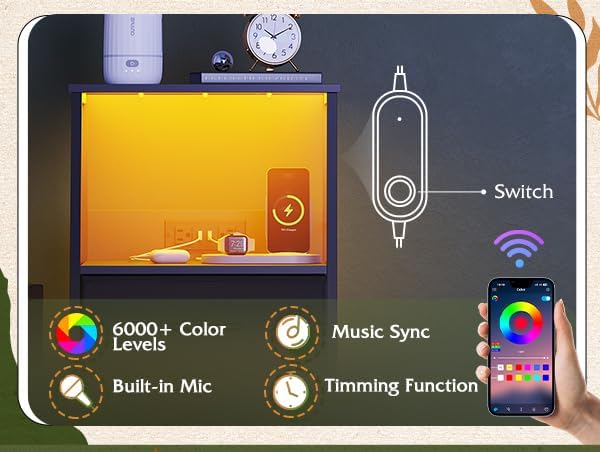 WLIVE Night Stand with Charging Station, LED Nightstand with Adjustable Fabric Drawer, 3-Tier Storage Bedside Table, Small End Side Tables for Bedroom, Black