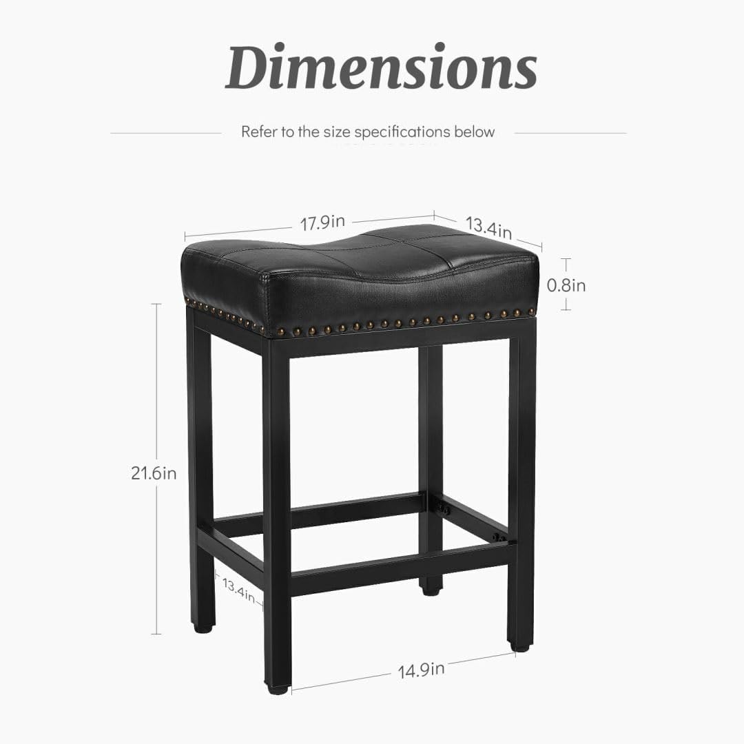 Counter Stools Set of 2 Upholstered Counter Height Bar Stools with Padded Seats and Metal Base, Leather Saddle Stool for Modern Kitchen Island, 22.4-Inch, Black