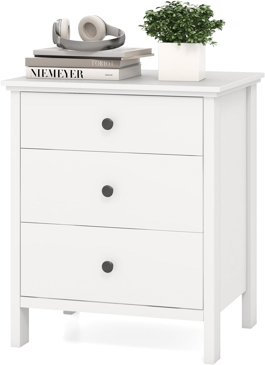 KOMFOTT 3 Drawers Nightstand, Wooden Bedside Table, Modern Sofa Side End Table, Space-Saving Telephone Table, Chest of Drawers for Living Room, Bedroom & Office (1, White)