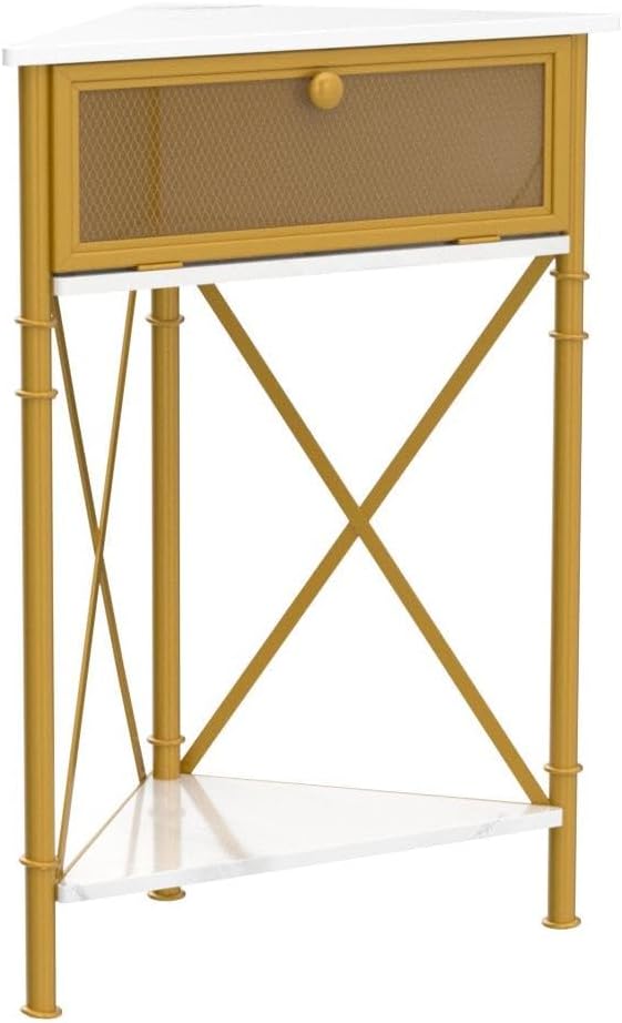 VECELO Cabinet/Table, 3-Tier Display Shelves with Protection Door, Metal Frame Storage Shelf Organizer for Small Space, Living Room, Kitchen, Bathroom, Set of 1, Gold+Black