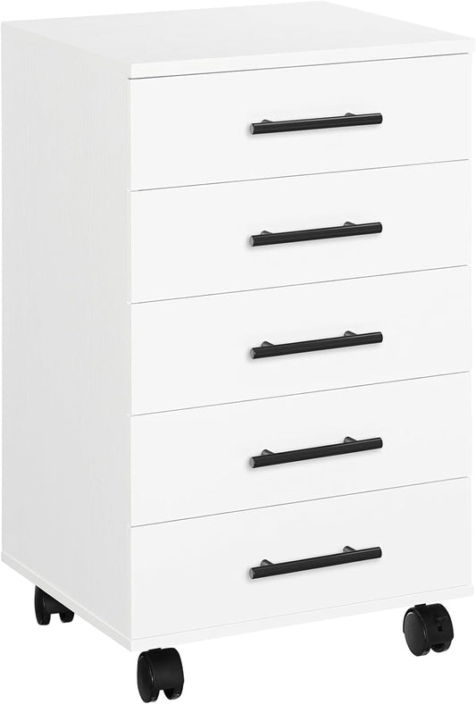 HOOBRO 5-Drawer File Cabinet, Office Filing Cabinet with Drawers, Wooden Mobile Storage Cabinet with Wheels, for Makeup, Home Office, Easy Assembly, White WT05WJ01G1