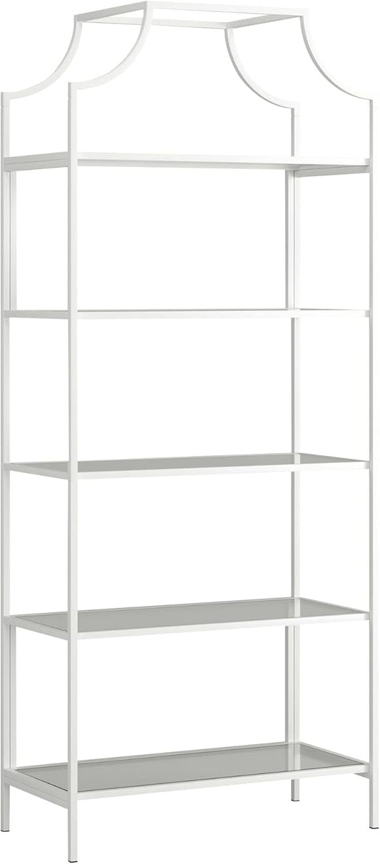Sauder International Lux Book Shelf 5 Tier Modern Metal Multipurpose Bookcase with Glass Shelving, in White