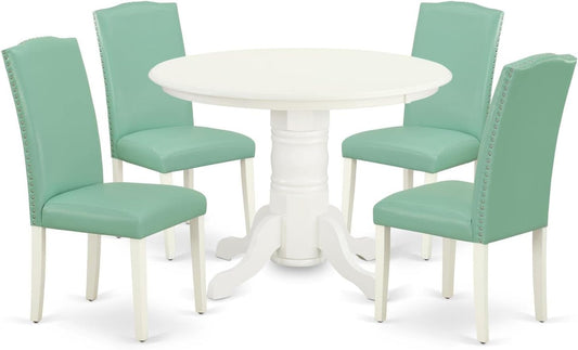 East West Furniture SHEN5-LWH-57 5 Piece Dining Set Includes a Round Dining Room Table with Pedestal and 4 Pond Faux Leather Upholstered Parson Chairs, 42x42 Inch, Linen White