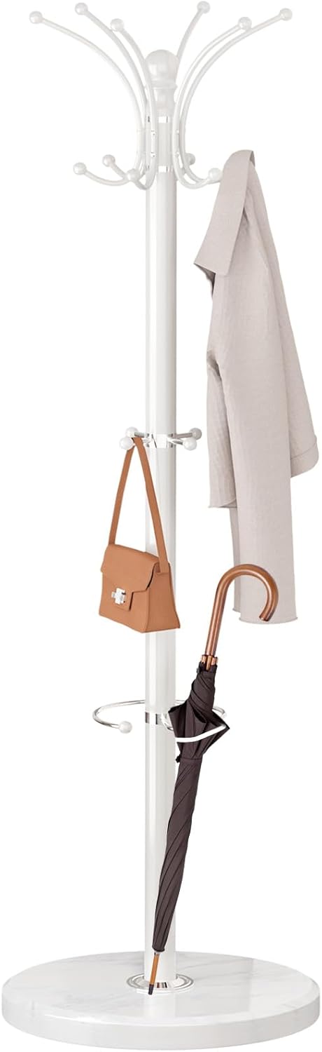 Coat Rack Freestanding with Marble Base, Heavy Duty Clothes Tree with Hooks and Umbrella Storage, Metal Hall Holder for Hanging Jacket, Hats, Scarf, Bag, Suitable for Entryway,Bedroom