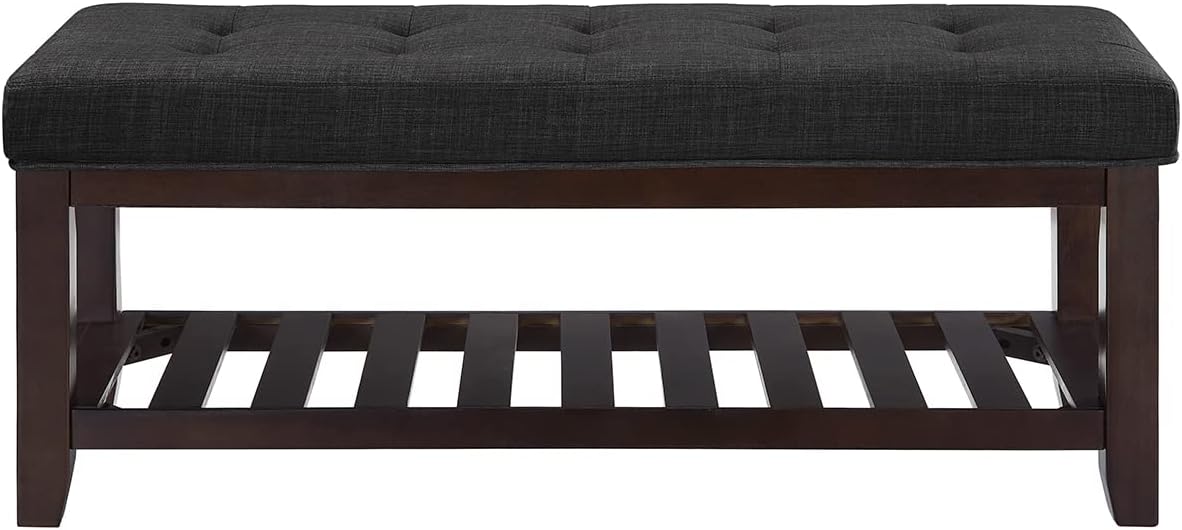 24KF Large Rectangular Upholstered Tufted Linen Ottoman Bench, Padded Bench with Solid Wood Shelf-Dark Gray