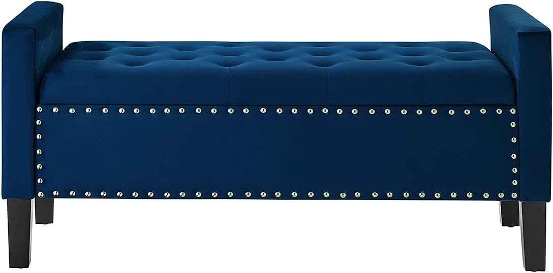 24KF Velvet Modern Upholstered Tufted Button Storage Bench with Arms for Bedroom,Entryway Living Room Soft Padded Seat-Navy