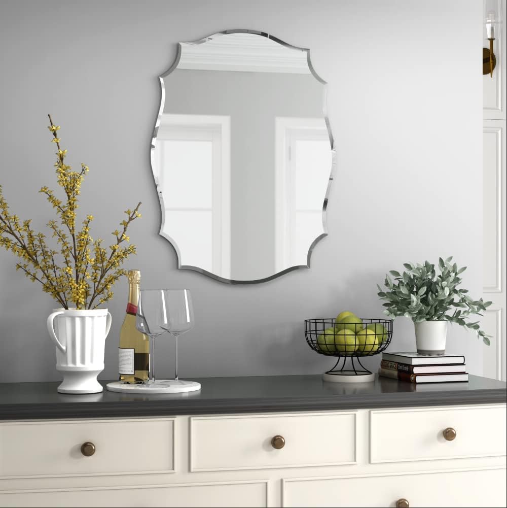 KOHROS Scalloped Beveled Edge Bathroom Mirrors for Over Sink 18" x 24" Silver Frameless Wall Mirror for Bathroom Vanity Entryway
