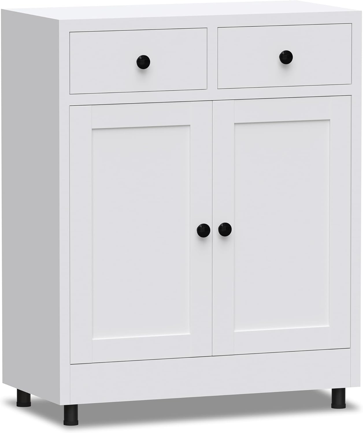 Metal Storage Cabinet with 2 Drawers and Adjustable Shelf, Sideboard Buffet Cabinet for Home, Office, Hallway, Entryway, Living Room, Kitchen Pantry and Dining Room (34.8" H, with Feet, White)