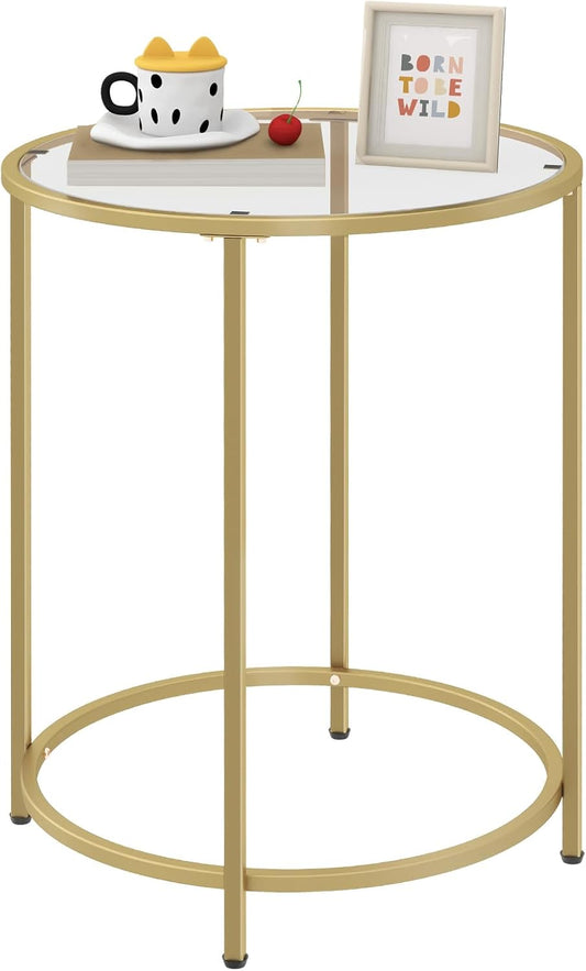 19.7’’ Round Glass End Table, Round Bedside Table with Tempered Glass Top, Gold Glass Side Table with Metal Frame, Modern Round End Table for Living Room Balcony Bedroom Porch Patio