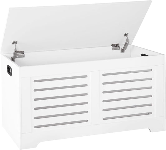 DINZI LVJ Storage Chest, 39.4”Wooden Toy Box with 2 Safety Hinges, Retro Entryway Shoe Storage Bench with Flip-Top, Sturdy Large Storage Trunk for Living Room, Bedroom, Easy Assembly, White