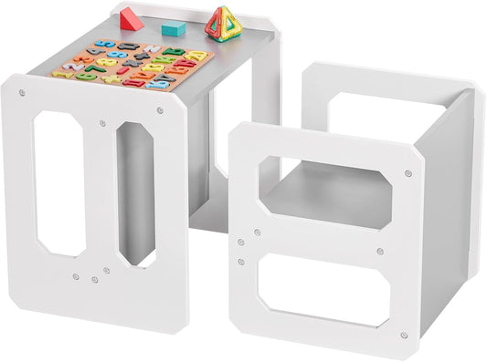 Kids Table and Chair Set, 3-in-1 Wooden Children's Furniture, Water Resistant, Easy to Clean,Toddler Weaning Table for Bedroom, Playroom, Living Room (Grey and White)