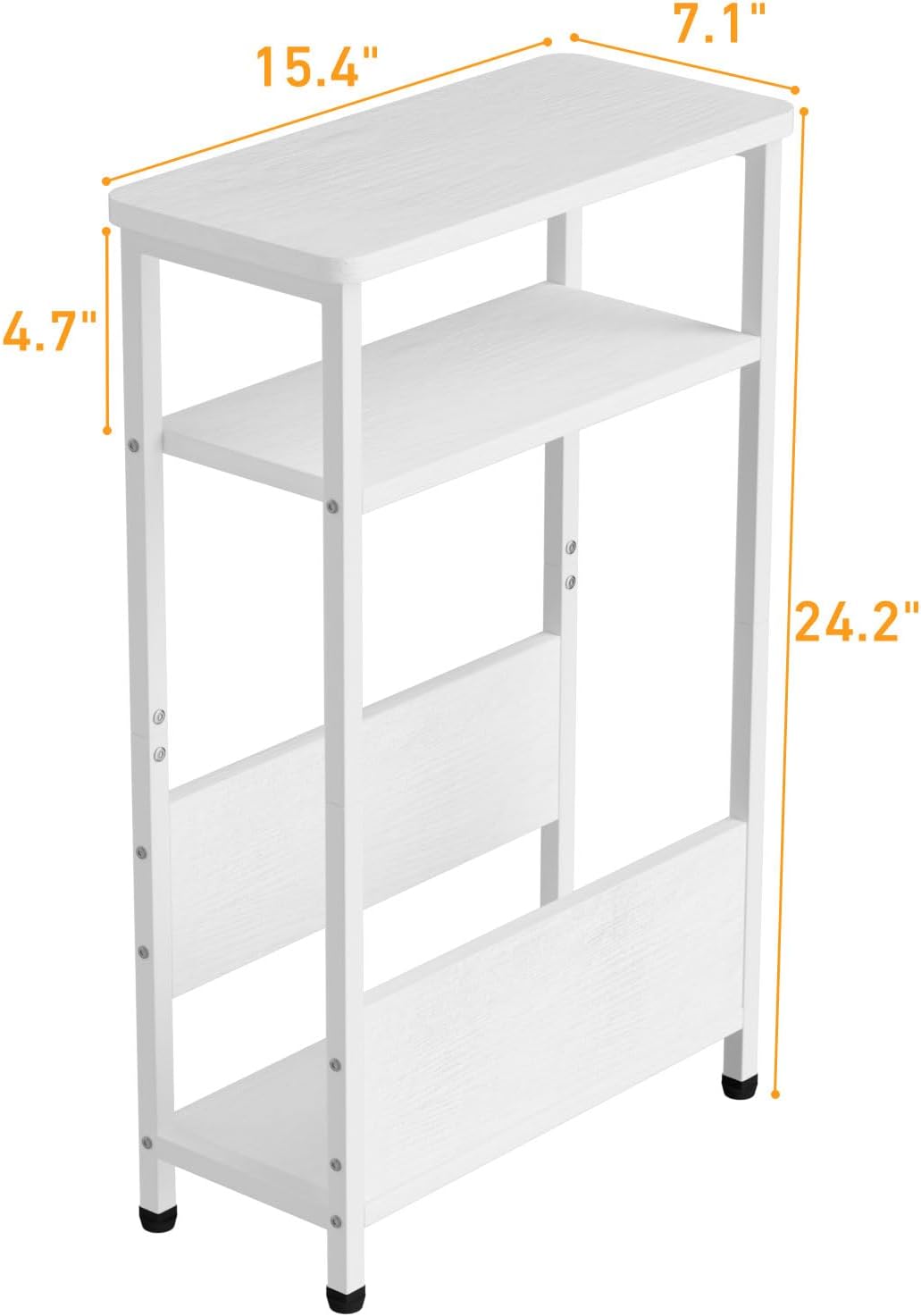 7.1" Narrow Side Table for Small Spaces, 3 Tier Small End Table with Magazine Holder, Slim/Skinny Nightstand/Bedside Table for Living Room, Bedroom, 15.4" L x 24.2" H, White