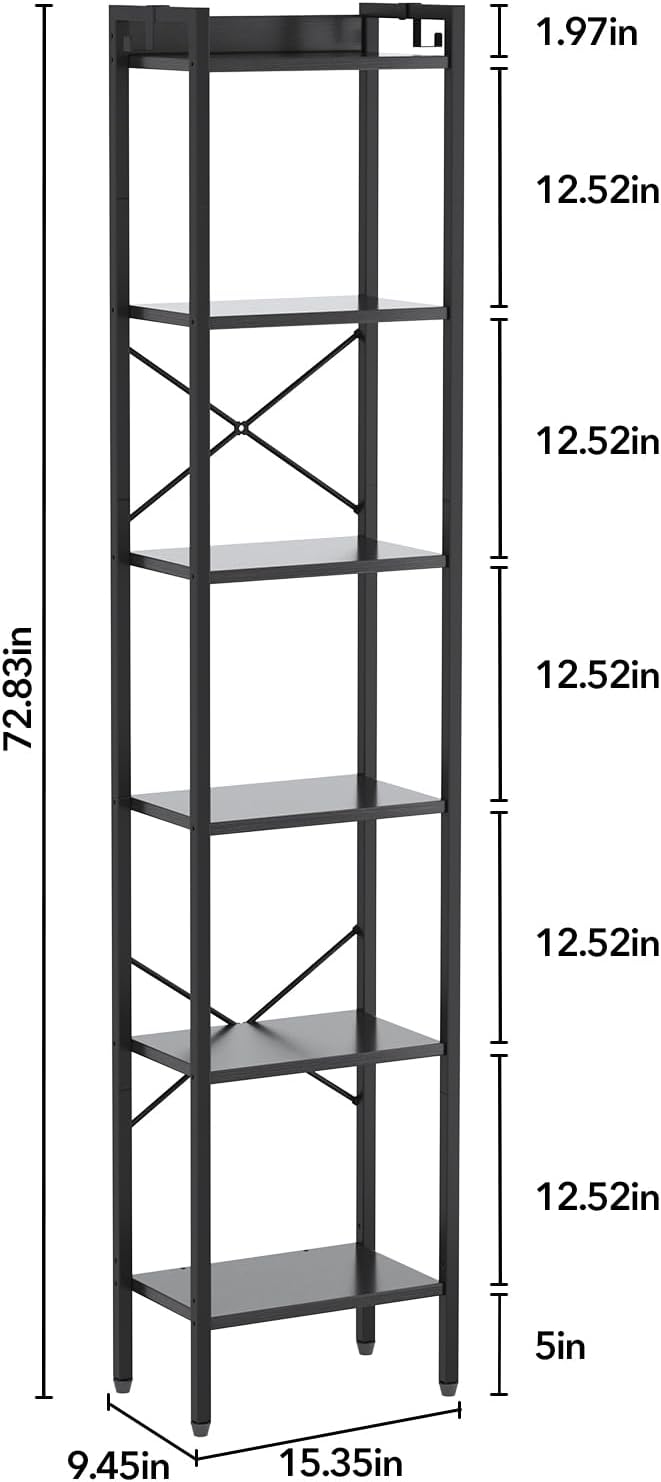 5 Tier Bookshelf, Bookcase with 5 Shelves, Storage Rack Organizer, Corner Wood Storage Shelf with Metal Frame for Bedroom, Living Room (Black)