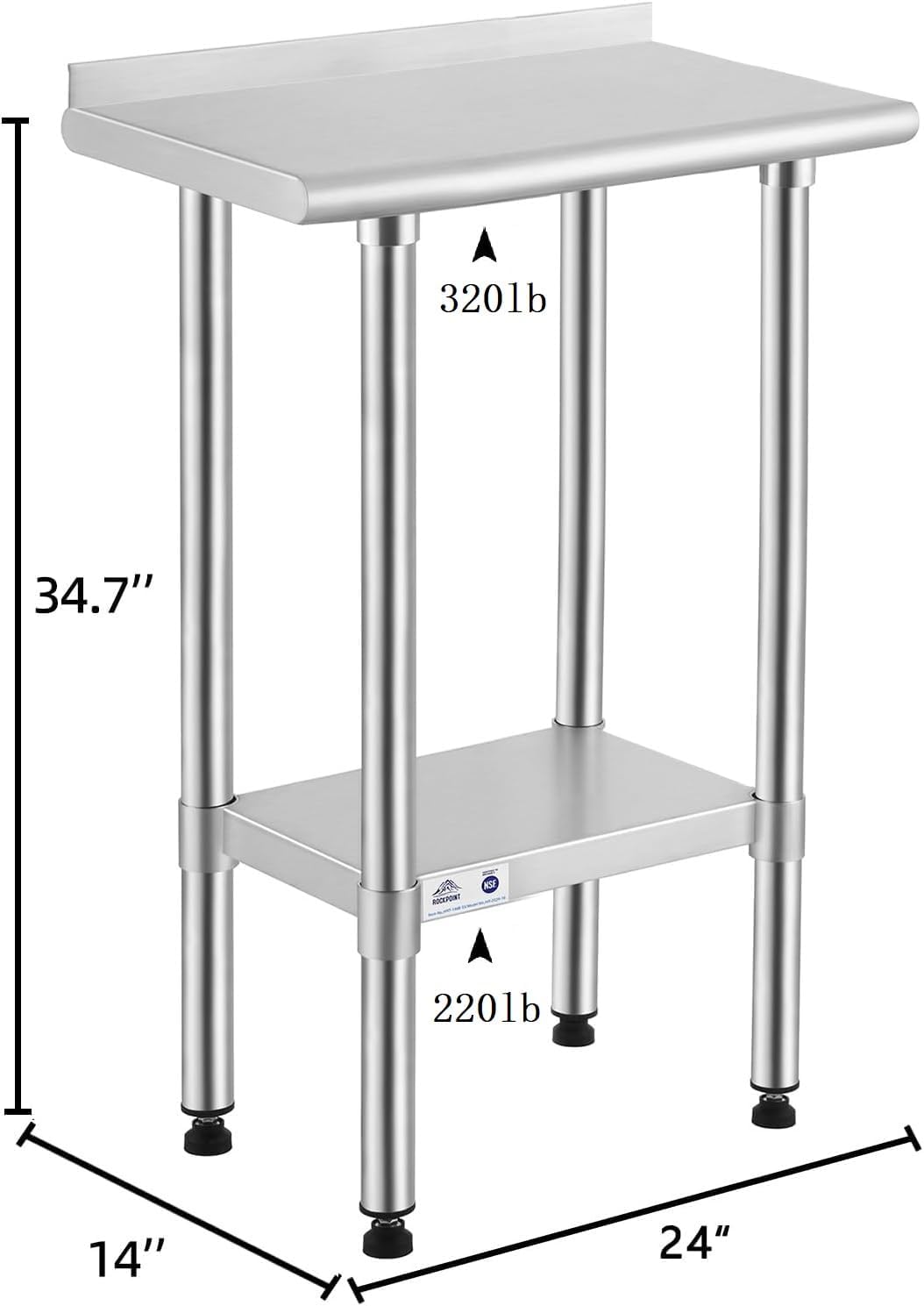 ROCKPOINT Stainless Steel Table for Prep & Work with Backsplash 14x24 Inches, NSF Metal Commercial Kitchen Heavy Duty Table with Adjustable Under Shelf and Table Foot for Restaurant, Home and Hotel