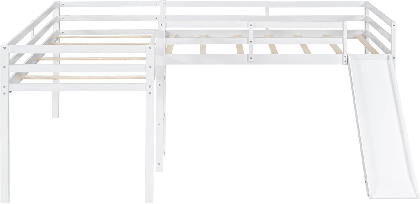 L-Shaped Twin Size Loft Bed with Ladder and Slide,Solid Wood Structure Bed Frame,w/Safety Guardrail & Slat Supports,Space Saving,Easy to Assemble,for Kids,Teens,Girls & Boys,White