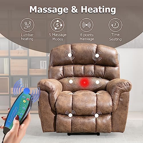 Phoenix Home Large Power Lift Recliner with Massage and Heat for Elderly, Heavy Duty & Safety Motor Reclining Chair, Faux Leather Electric Wider Recliner with USB Ports, 2 Side Pockets, Brown