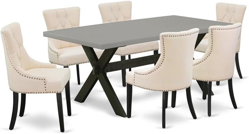 East West Furniture X697FR102-7 7 Piece Dinette Set Consist of a Rectangle Dining Room Table with X-Legs and 6 Light Beige Linen Fabric Parson Dining Chairs, 40x72 Inch, Multi-Color