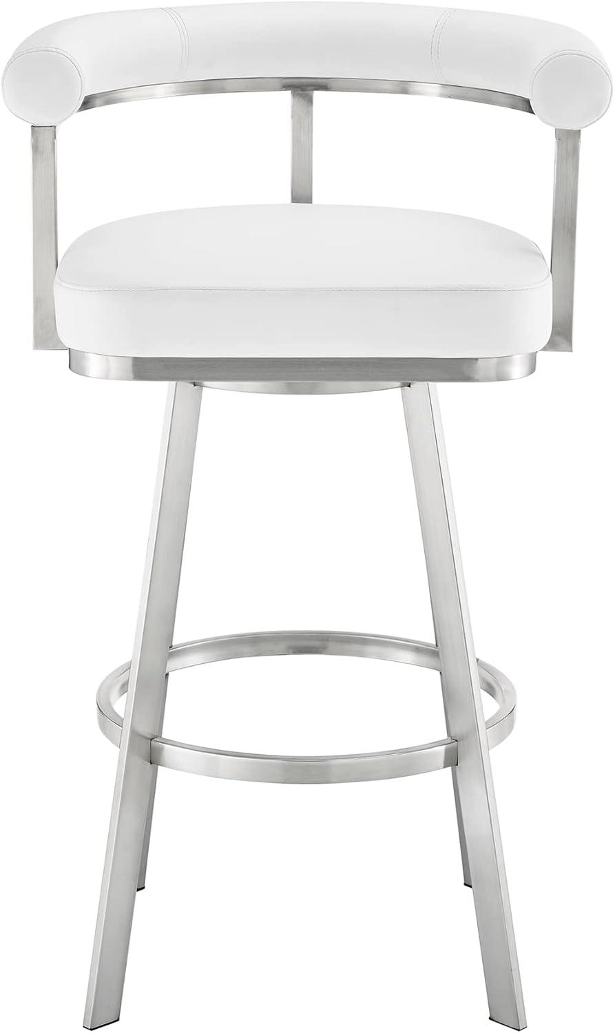 Armen Living Magnolia Swivel Counter Stool in Brushed Stainless Steel with White Faux Leather
