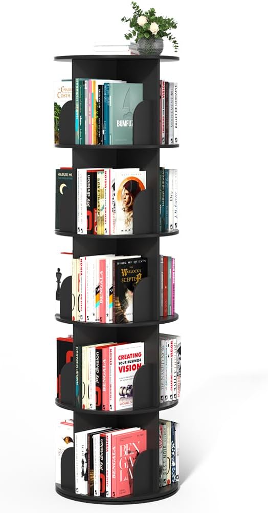 Nidouillet Rotating Bookshelf Tower, 5 Tier Spinning Bookcase Lazy Susan, Revolving 360 Book Shelf Storage Round Organizer, Vertical Rotate Turning Corner Book Case for Small Space, Black