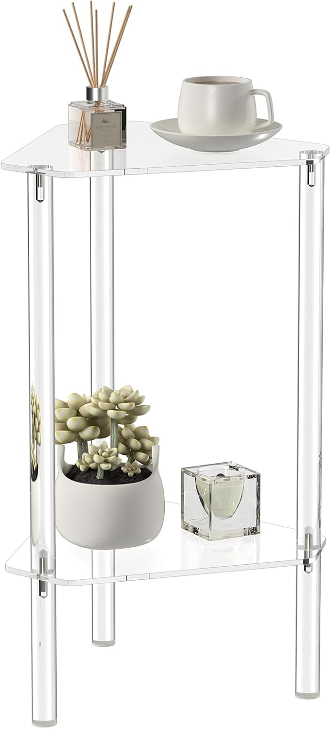 HMYHUM Clear Acrylic Triangle End Table, Corner Side Table for Small Spaces, Small Accent Table for Living Room, Bedroom and Balcony, Easy Assembly