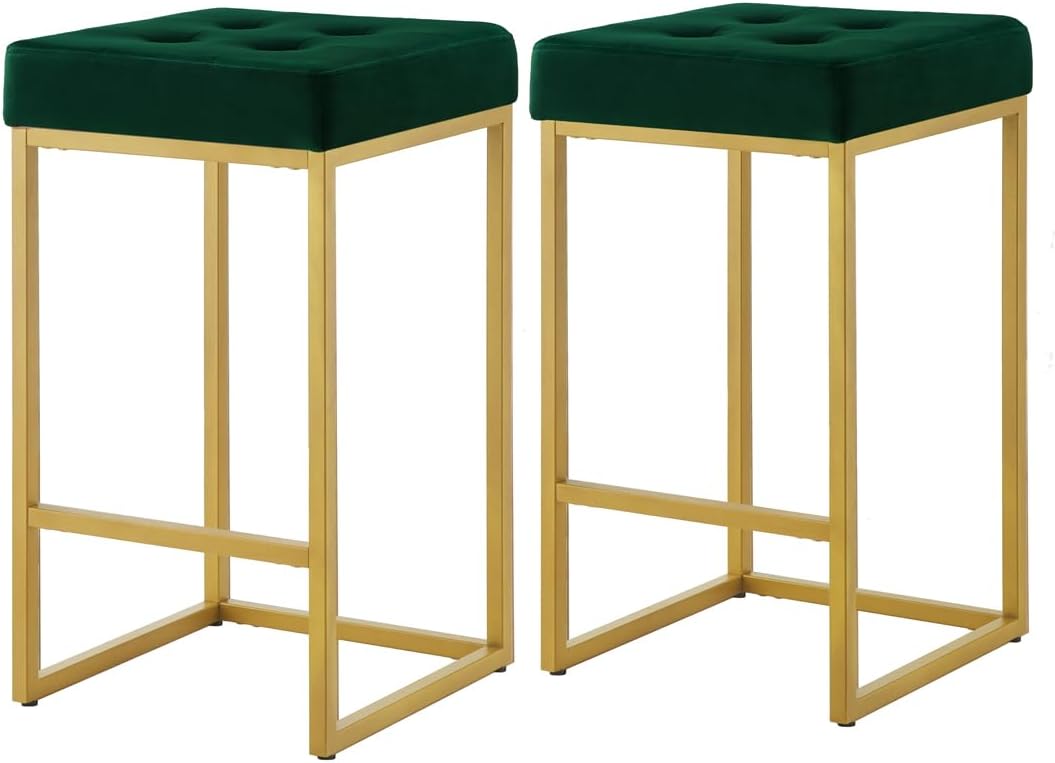 24KF Contemporary Counter Height Bar Stool Set of 2 for Kitchen Island, 26" H Velvet Padded Gold Barstool Bar Chair,5066-Jade