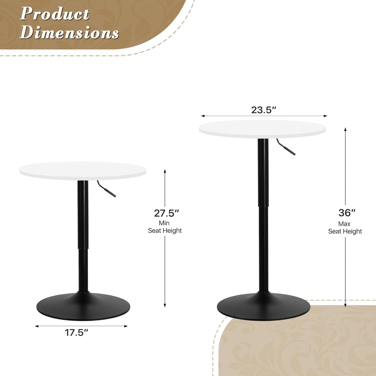 Athena Collection Modern Bar Table Round Top Height Adjustable, Tall Bistro Pub Cocktail Table Height Top and Sturdy Base, Suitable for Home Kitchen Pub Restaurant Outdoor, White