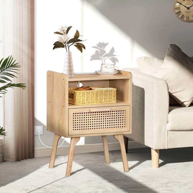 Lerliuo Rattan Nightstands Set of 2 with Charging Station, Boho Side Table with Drawer Open Shelf, Cane Accent Bedside End Table with Solid Wood Legs for Bedroom, Dorm and Small Spaces (Natural)