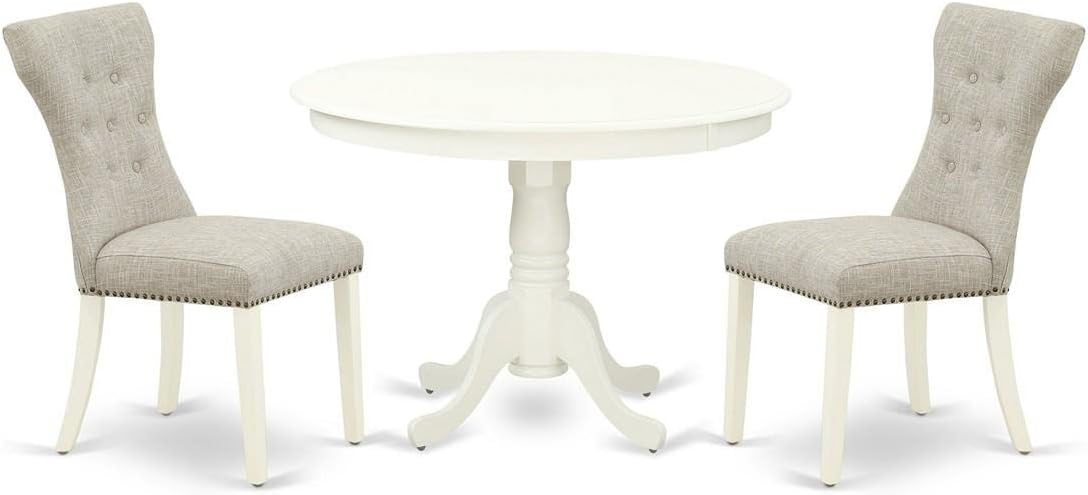 East West Furniture HLGA3-LWH-35 3 Piece Dining Room Table Set Contains a Round Kitchen Table with Pedestal and 2 Doeskin Linen Fabric Parsons Dining Chairs, 42x42 Inch, Linen White