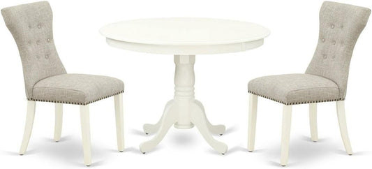 East West Furniture HLGA3-LWH-35 3 Piece Dining Room Table Set Contains a Round Kitchen Table with Pedestal and 2 Doeskin Linen Fabric Parsons Dining Chairs, 42x42 Inch, Linen White