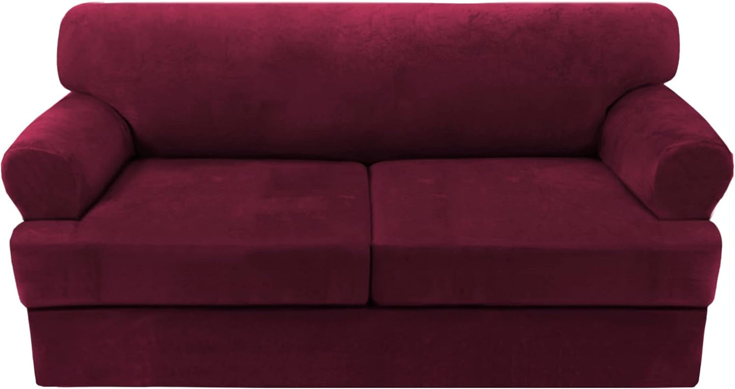 H.VERSAILTEX Sofa Cover 3 Piece T Cushion Sofa Slipcovers Thick Velvet Couch Cover Furniture Protector Stretch T Cushion Sofa Covers for 2 Cushion Couch with 2 Individual T Cushion Covers, Burgundy