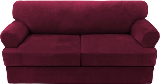 H.VERSAILTEX Sofa Cover 3 Piece T Cushion Sofa Slipcovers Thick Velvet Couch Cover Furniture Protector Stretch T Cushion Sofa Covers for 2 Cushion Couch with 2 Individual T Cushion Covers, Burgundy