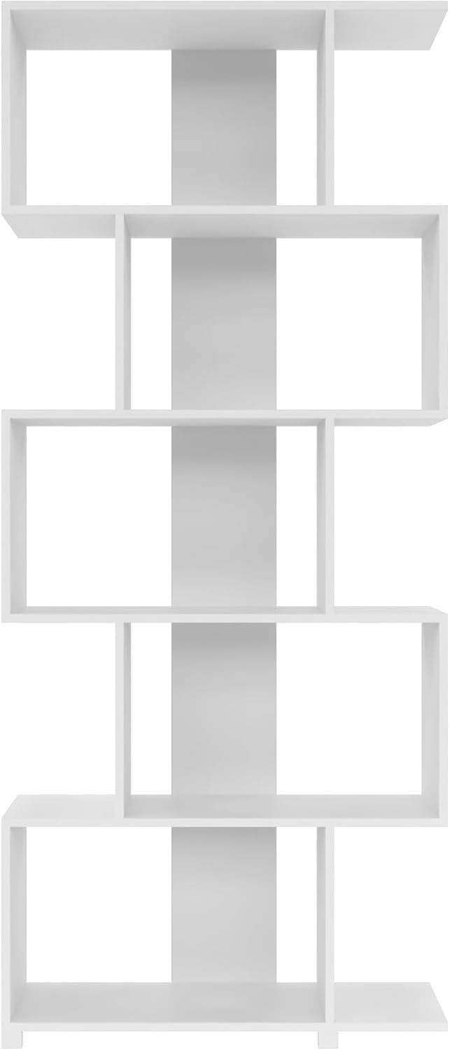 Manhattan Comfort Petrolina Bookshelf with 5 Zig-Zag Cubbies & Open Shelves, Unique Mid Century Modern Bookcase, Ideal for Living Room, Office, Bedroom, Display Ornaments, Trophies, Photos, White