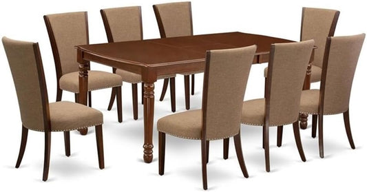 East West Furniture DOVE9-MAH-47 9 Piece Dining Set Includes a Rectangle Dining Room Table with Butterfly Leaf and 8 Light Sable Linen Fabric Upholstered Chairs, 42x78 Inch, Mahogany