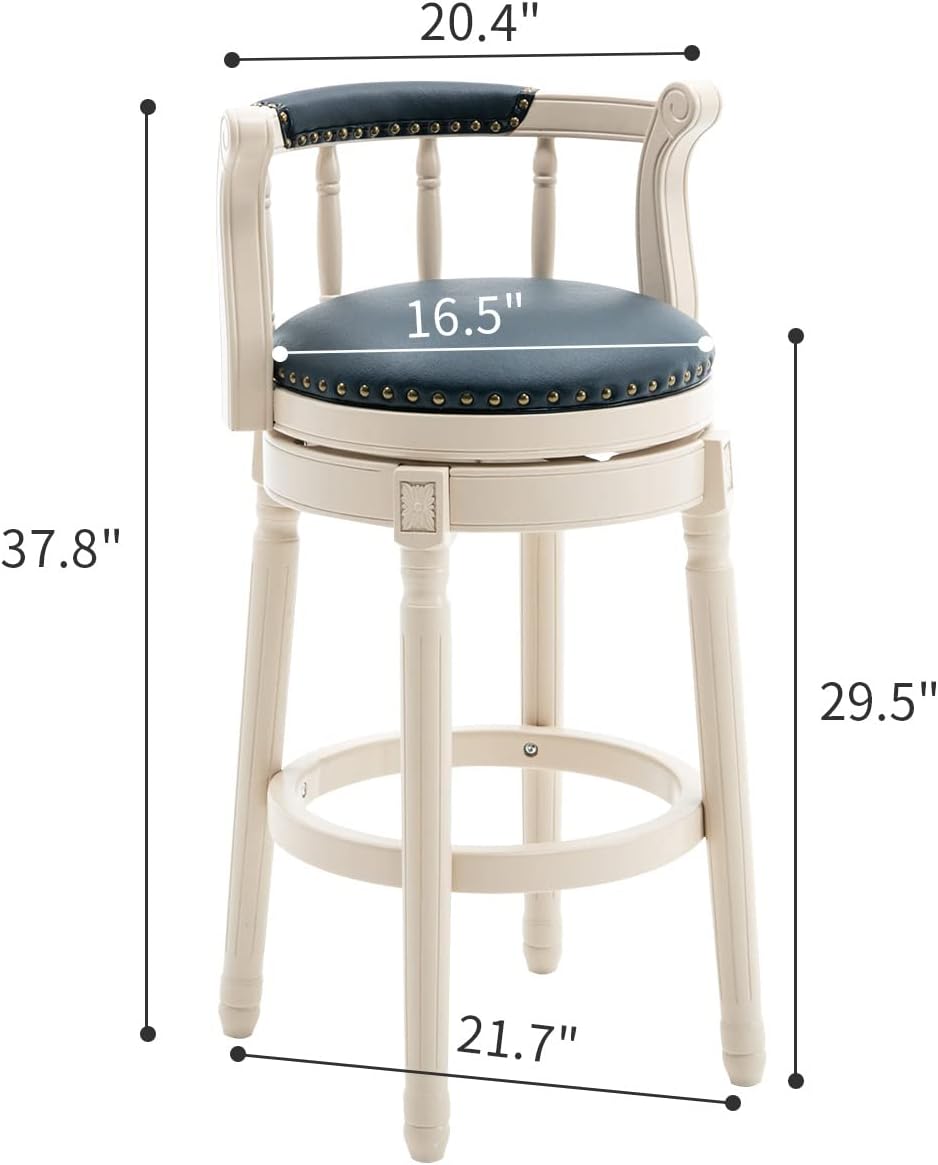 Cow top Leather Wooden Bar Stools, 360 Degree Swivel Bar Height Chair with Backs for Home Kitchen Counter, Morden Chair Barstools (Ivory Wood 1pc-Blue Seat, Bar Height-Seat Height 29.5”)