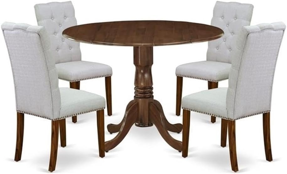 East West Furniture DLEL5-AWA-05 5 Piece Dinette Set for Small Spaces Includes a Round Kitchen Table with Dropleaf and 4 Parson Dining Chairs, 42x42 Inch, Antique Walnut