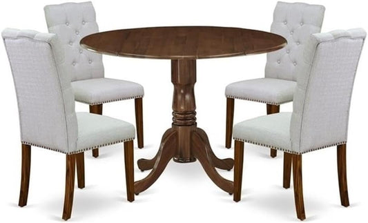 East West Furniture DLEL5-AWA-05 5 Piece Dinette Set for Small Spaces Includes a Round Kitchen Table with Dropleaf and 4 Parson Dining Chairs, 42x42 Inch, Antique Walnut