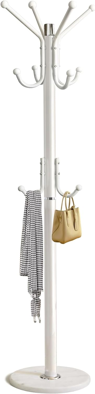 Kertnic Modern Coat Rack Freestanding with Natural Marble Base & Sturdy Metal Frame, 11 Hooks Hall Tree for Jackets, Hats, Bags, Entryway Organizer for Bedroom, Living Room, Closet (White)