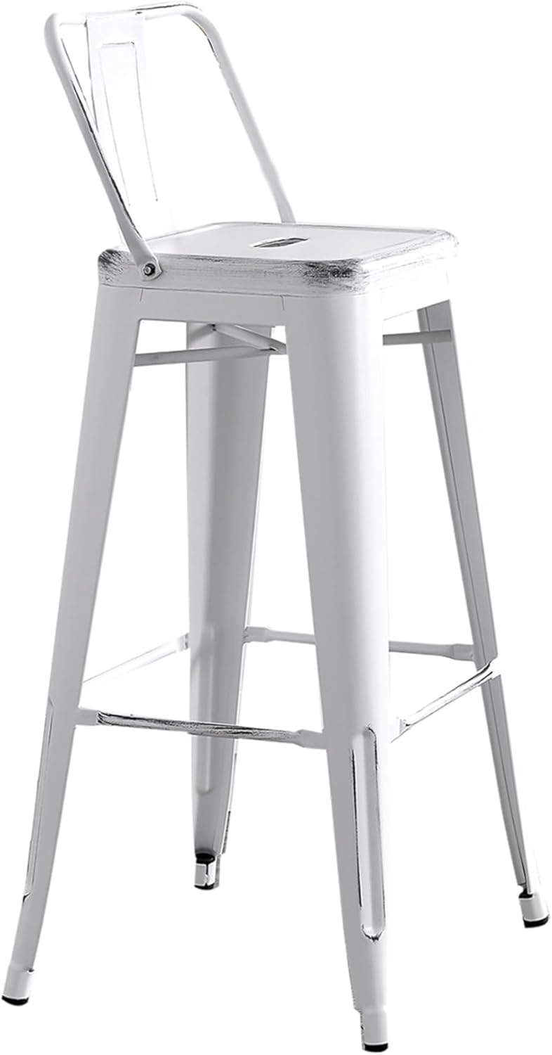 AC Pacific Modern Metal Barstool Set of 2 – Country Rustic Style with Low Back, Lightweight & Sturdy Build, Easy Assembly –, 30" Seat, Distressed White