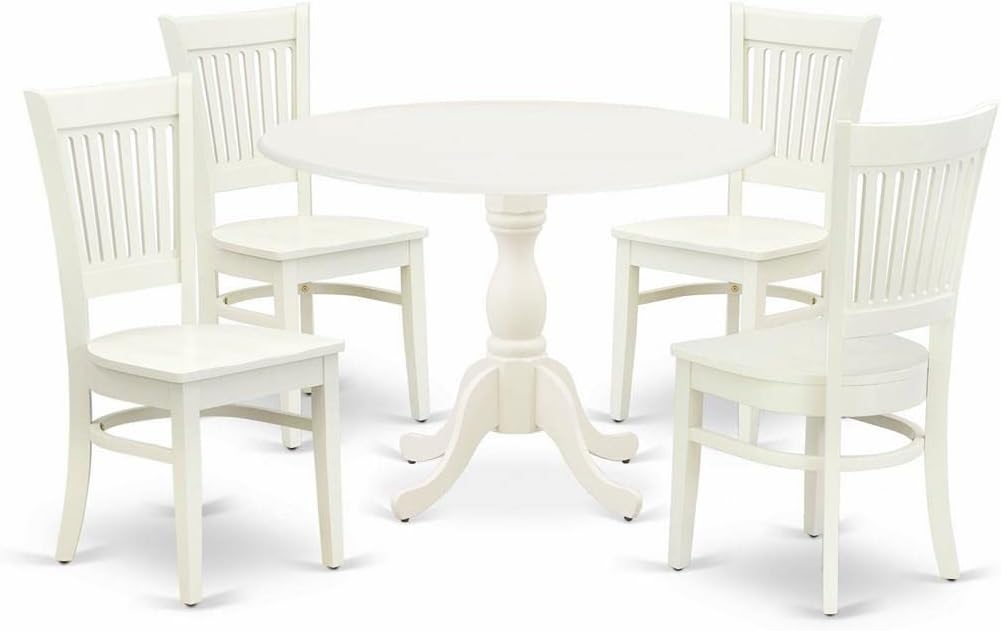 East West Furniture DMVA5-LWH-W 5 Piece Modern Dining Table Set Includes a Round Wooden Table with Dropleaf and 4 Kitchen Dining Chairs, 42x42 Inch, Linen White