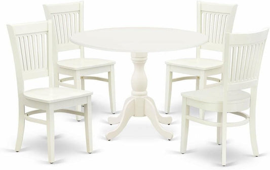 East West Furniture DMVA5-LWH-W 5 Piece Modern Dining Table Set Includes a Round Wooden Table with Dropleaf and 4 Kitchen Dining Chairs, 42x42 Inch, Linen White