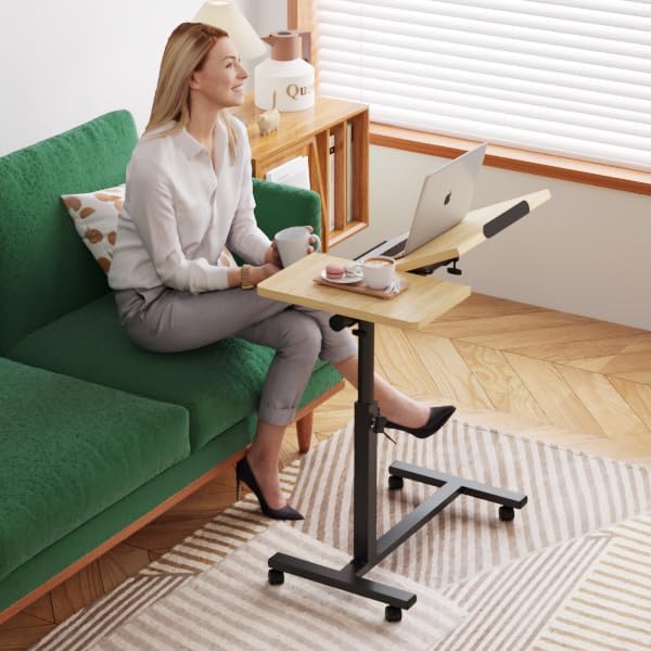 Tilting Overbed Table with Wheels, Adjustable Height Laptop Stand for Couch, Bed Desk Hospital Overbed Table Side Tray Tables, Office Carts & Stands (Log)