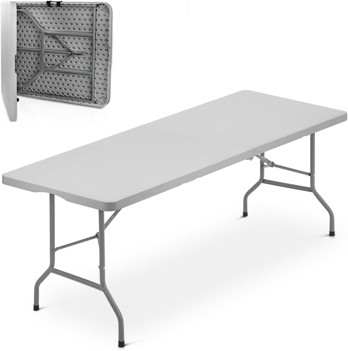 Athena Collection 8 ft Square Folding Dining Table, Large Plastic Foldable Table Portable with Carry Handle, Heavy Duty Fold-in-Half Utility for Indoor Outdoor Party Camping Picnic, Grey