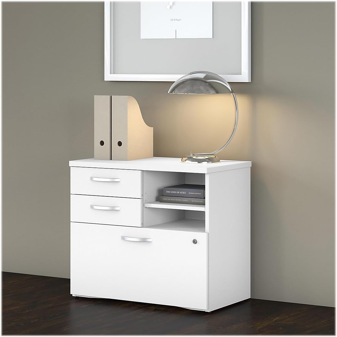 Bush Business Furniture Studio C Office Storage Cabinet with Drawers and Shelves in White, Organization for Home or Professional Workspace