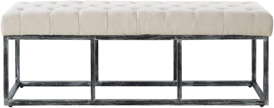 24KF Upholstered Tufted Long Bench with Metal Frame Leg, Linen Bench Ottoman with Padded Seat-Ivory