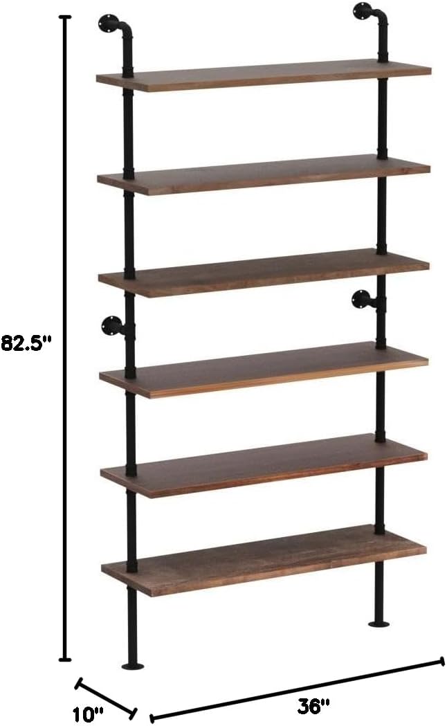 6 Tier Industrial Ladder Pipe Shelf Bookcase, Rustic Wall Mounted Pipe Bookshelves for Decor and Storage