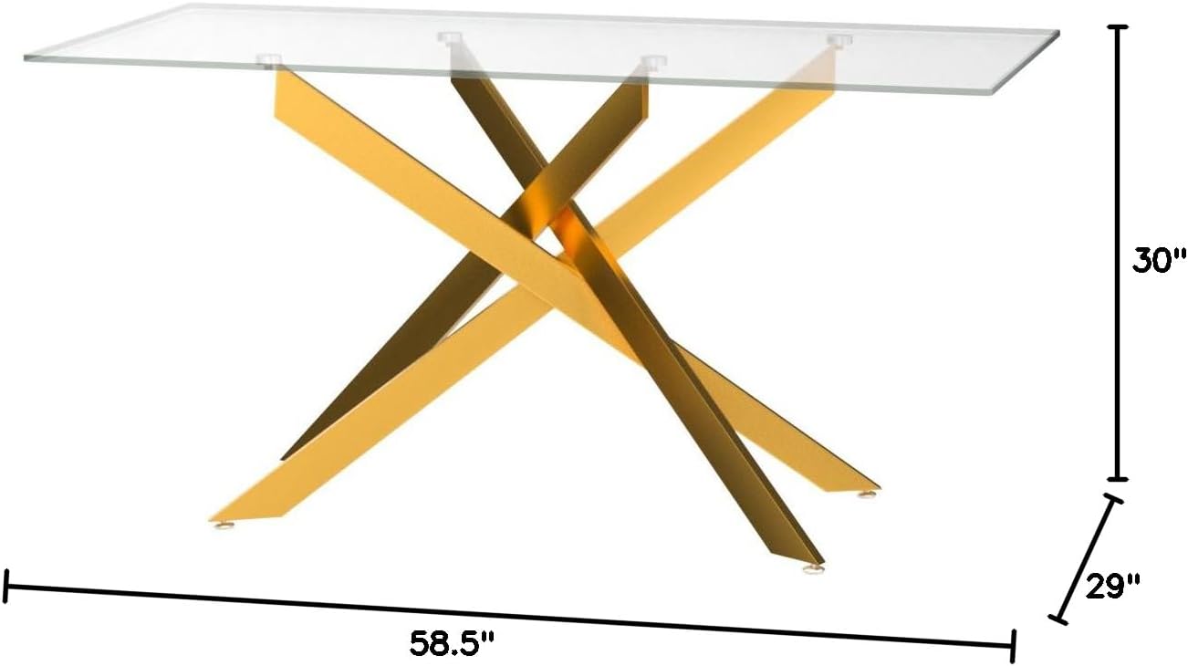 Edwin's Choice 58.5” Rectangle Glass Dining Table, Tempered Glass Table Top and Metal Tubular Legs, Modern Style Table for Home, Kitchen, Dining Room 58.5”Lx29”Wx30”H, Gold