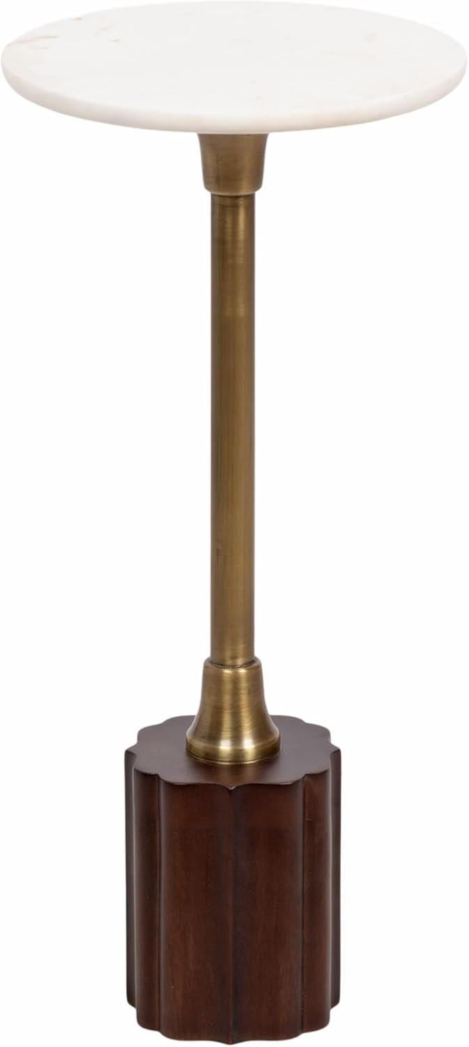 Kate and Laurel Nisha Traditional Marble Round Drink Table, 10 x 10 x 22, White Marble, Antique Brass, and Dark Brown, Vintage Mango Wood Circle Mini Table for Use as Plant Stand or Living Room Decor